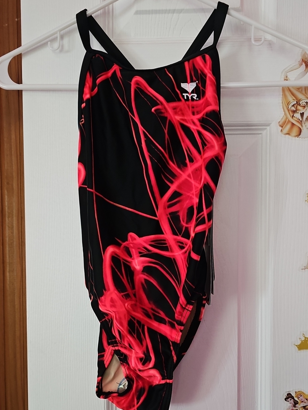 TYR Black Swimsuit with Neon Pink Abstract Swirl